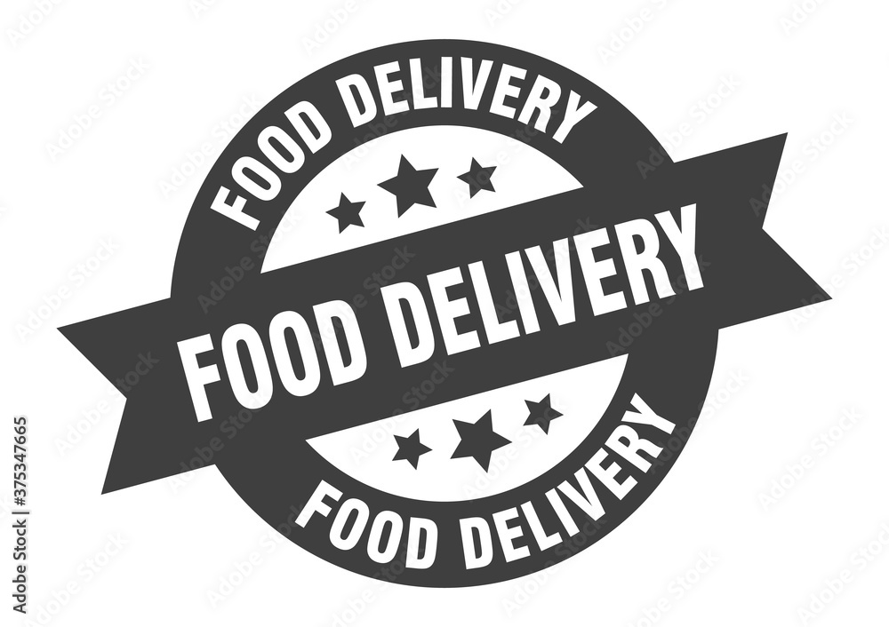 food delivery sign. round ribbon sticker. isolated tag