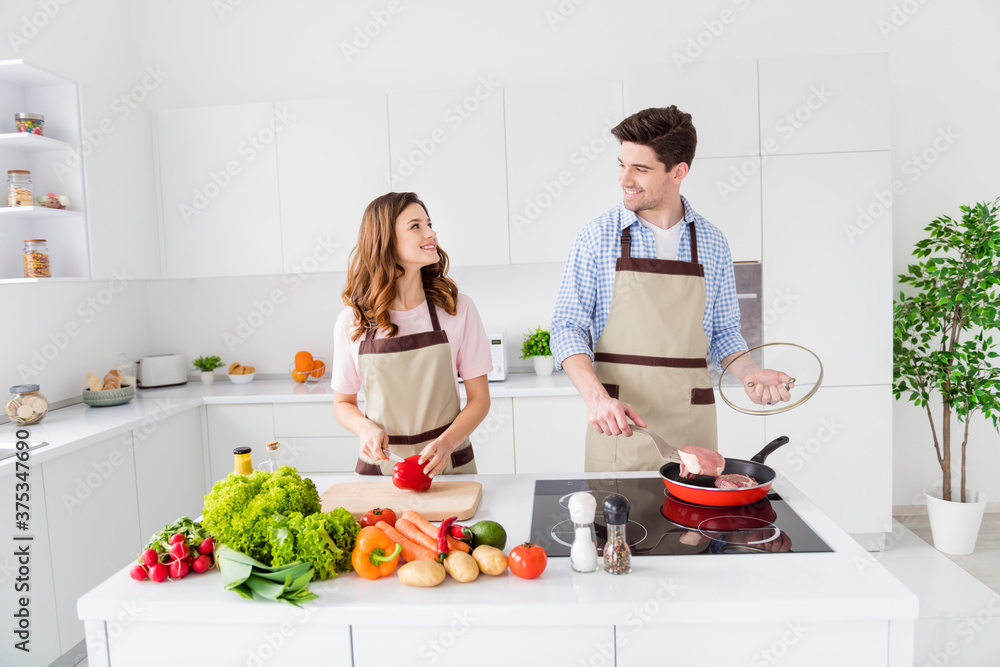 Dream harmony two people lover enjoy weekend cooking recipe man frying pan beef meat supper girl cut knife pepper look want great family romantic date dinner in house kitchen indoors Dream harmony two people lover enjoy weekend cooking recipe man frying pan beef meat supper girl cut knife pepper look want great family romantic date dinner in house kitchen indoors