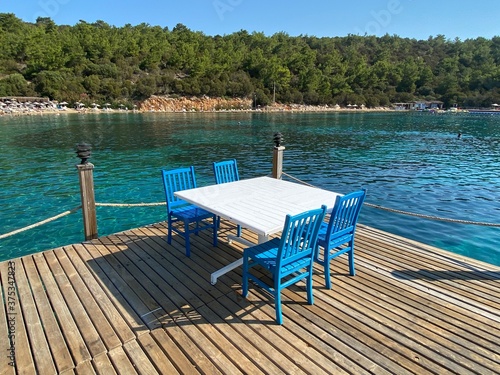 top vew wooden table on the sea