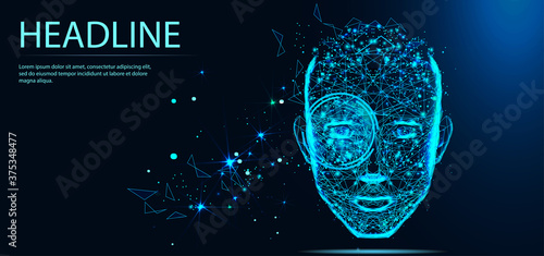 Biometric technology digital Face Scanning form lines. Triangles and particle style design. Polygon vector wireframe concept. Headline