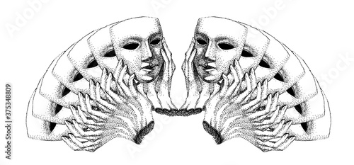 Mask in hands. actor of theater. Hypocrite, pretender, trickster, many faces. Black and white template. Symmetric composition with many masks.