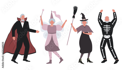 Halloween party. Elderly people in Halloween costumes are dancing and having fun. There is a witch, a vampire, a fairy and a skeleton in the image. Vector illustration