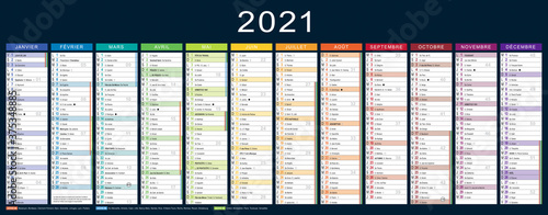 CALENDRIER 2021 français modifiabe (base pour 535x210mm recto) lunes, fêtes, fériés, vac,… typo arial narrow vectorisé et non vecto., 19 calques, Ech.1, ajouter un débord