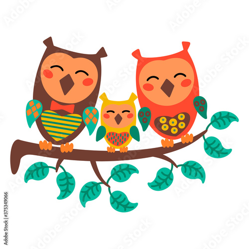 Cute family of owls on the tree. Forest animal family love concept. Birds sit on branches. Vector illustration in cartoon style