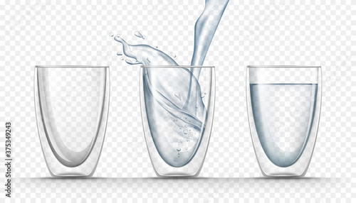Empty glass cup, full one and pouring fresh water into realistic glass isolated on transparent background. Purified water advertising, package vector design. Set of icons glasses with a drink.