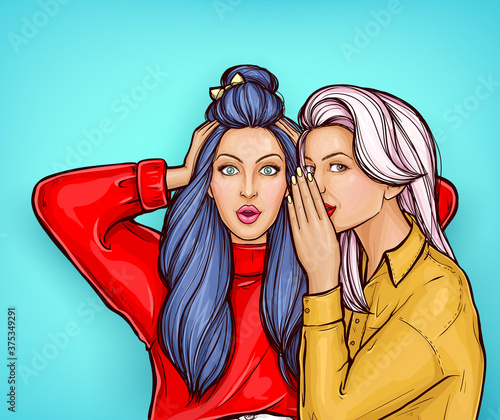 Pop art girl whispering gossip or secret to her friend with surprise face. The woman is shocked. Colorful vector illustration in pop art retro comic style.