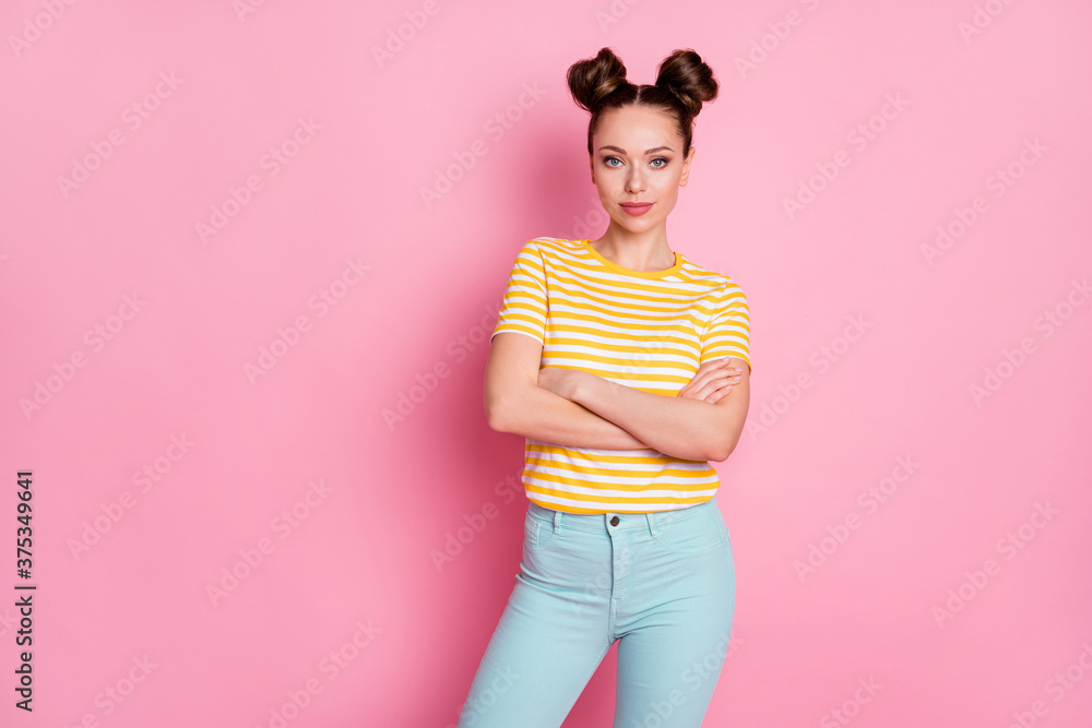 Portrait of her she nice-looking attractive lovely pretty charming content girl posing folded arms season wear collection isolated on pink pastel color background Portrait of her she nice-looking attractive lovely pretty charming content girl posing folded arms season wear collection isolated on pink pastel color background