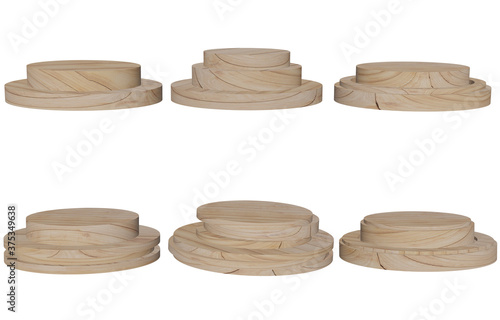 3D illustration, wooden trophy base, round pallet base with different pattern isolated on white background and include cutting path. For websites and advertising publications