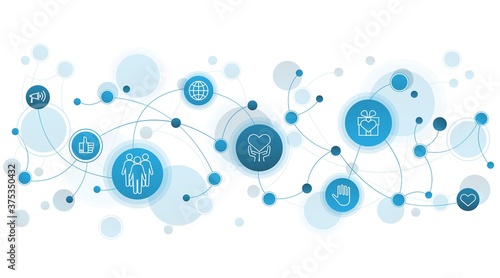 Volunteering, donations and charity horizontal illustration, background. Clean and simple outline design.