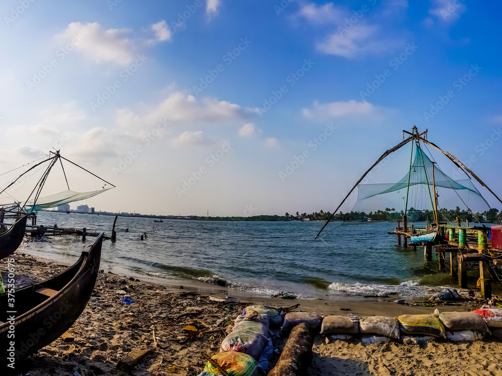 April 20th, 2020-Kochi, Kerala, India- Vacated and deserted chinese fishing net systems during the day in covid 19 Lockdown in Kochi,kerala, India