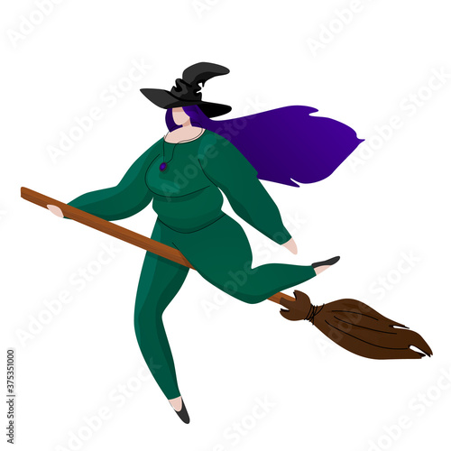 Body positive plus size witch with purple hair and wizard hat on the broom. Halloween decoration element. Vector illustration in modern flat style isolated on white.