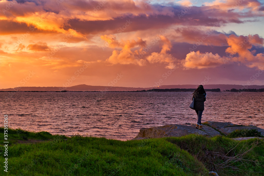 Fototapeta premium silhouette of a woman walking at sunset
