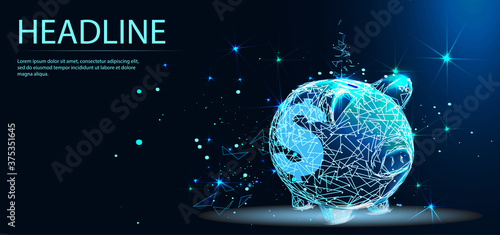 Piggy bank. Abstract design, isolated from low poly wireframe on blue background. Vector abstract polygonal image mash line and point. Business concept. Digital graphics. Headline