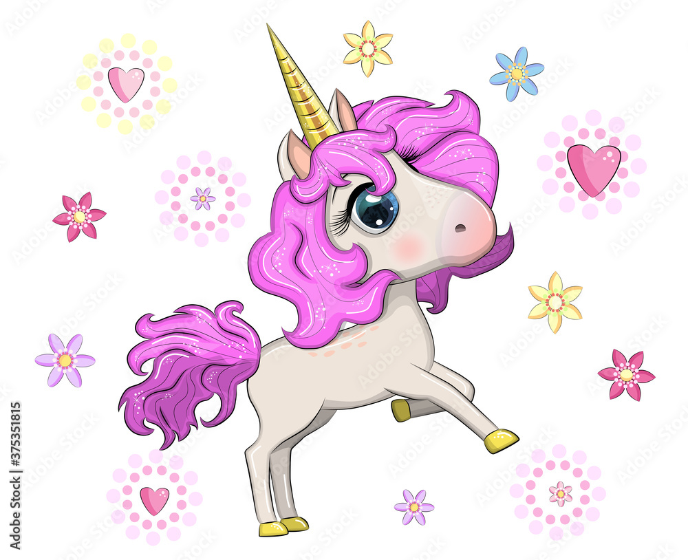 Naklejka premium Magic cute unicorn, stars, clouds and moon poster, greeting card