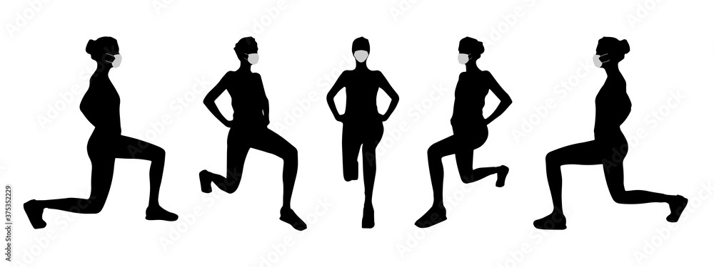 Vector concept conceptual  silhouette women doing sport while social distancing as means of prevention and protection against coronavirus contamination. A metaphor for the new normal.