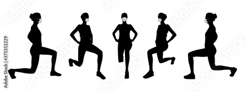 Vector concept conceptual  silhouette women doing sport while social distancing as means of prevention and protection against coronavirus contamination. A metaphor for the new normal.