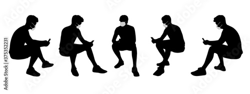 Vector concept conceptual  silhouette men talking on phone while social distancing as means of prevention and protection against coronavirus contamination. A metaphor for the new normal.