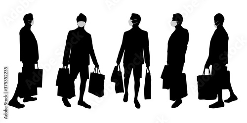 Vector concept conceptual  silhouette men shopping while social distancing as means of prevention and protection against coronavirus contamination. A metaphor for the new normal.