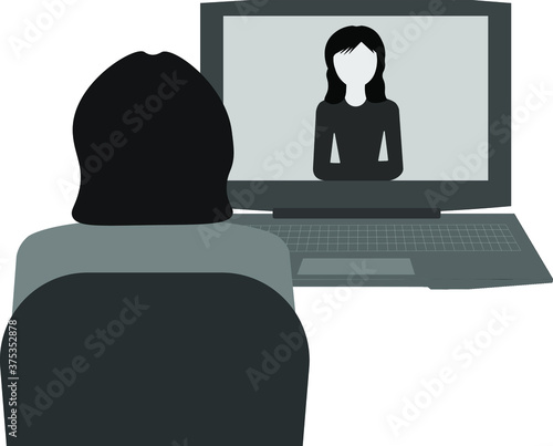 Girl and her teacher during online lesson. Applicable for Online education, Homeschooling, distance learning, Online Tutoring. Monochrome. 