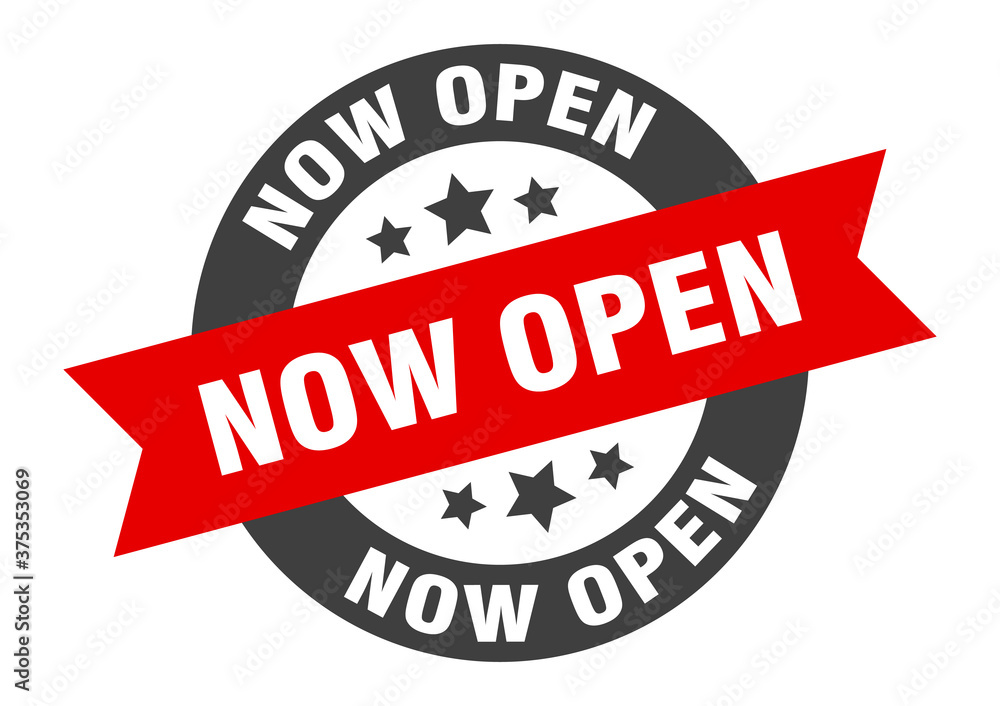 Fototapeta premium now open sign. round ribbon sticker. isolated tag