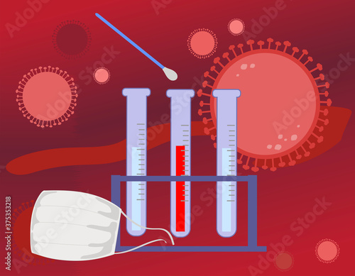 Coronavirus test with swab stick on red background, vector illustration