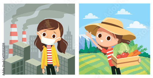 Girl man in face mask stand in front smoking factory pipes chimneys.Ecology protection choise. Ecology and environment changing concept.Environmental, climate change harmful effects of human activity.