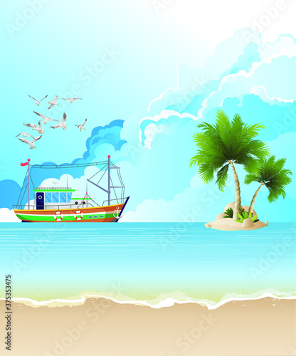Picturesque tropical island beach scene with trawler boat fishing offshore set against a blue cloudy sky