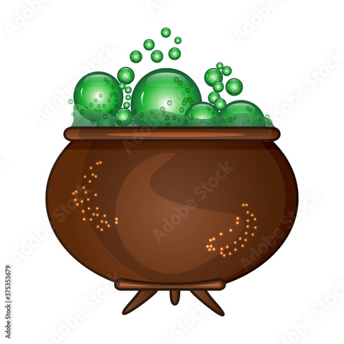 Halloween witches cauldron with green potion and bubble isolated on white background. Pot with green witches magic broth. Bucket of boiling liquid.Poison potion for Halloween.Stock vector illustration