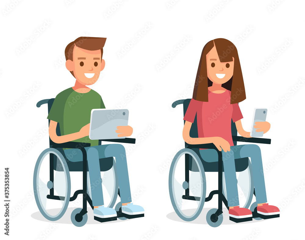 Cute young couple man and woman with disabilities sit in wheelchairs with gadgets. Handicapped person. Disabled people. Cute young couple man and woman with disabilities sit in wheelchairs with gadgets. Handicapped person. Disabled people.