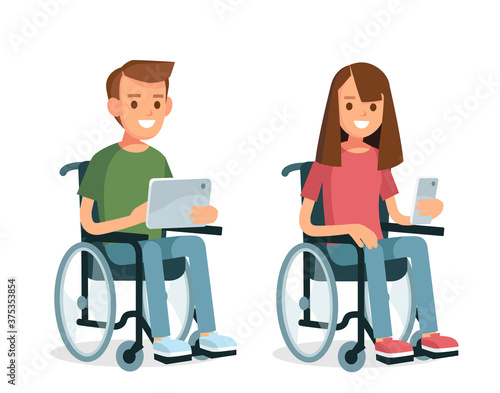 Cute young couple man and woman with disabilities sit in wheelchairs with gadgets. Handicapped person. Disabled people.