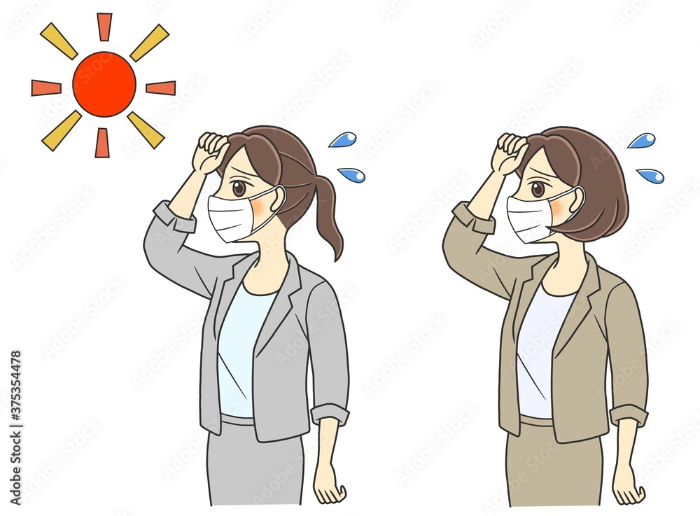 Two young women with masks suffering from summer heat Two young women with masks suffering from summer heat