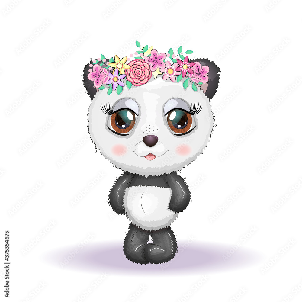 Obraz premium Cute little panda with big eyes and in a wreath of flowers, greeting card illustration, cute animals