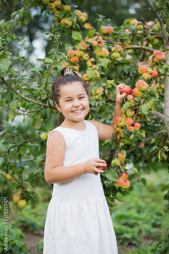 happy little girl with apples in orchard