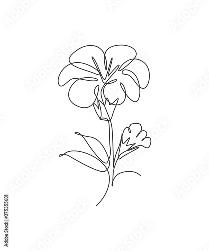 One single line drawing beauty hibiscus flower vector illustration. Minimal tropical floral style, love romantic concept for poster, wall decor print. Modern continuous line graphic draw design