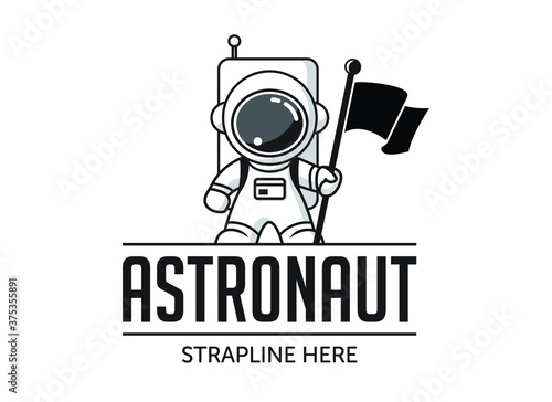 Astronaut standing with a flag. Vector logo/illustration