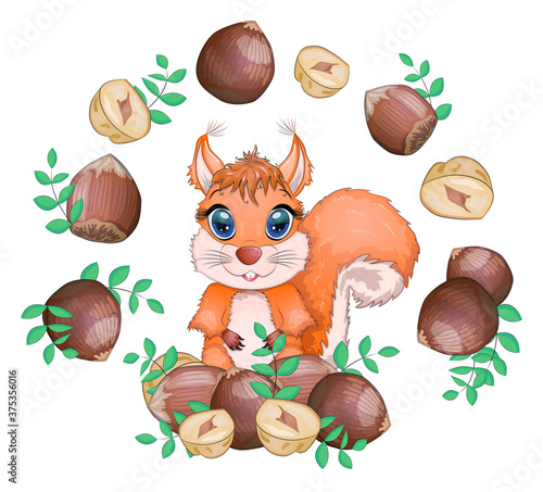 Cute cartoon squirrel with beautiful eyes holds a nut, surrounded by nuts