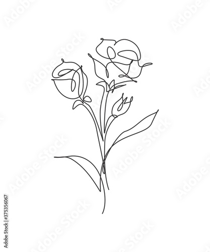 Single continuous line drawing minimalist beauty fresh rose flower. Floral concept for posters, wall art, tote bag, mobile case, t-shirt print. Trendy one line draw design vector graphic illustration