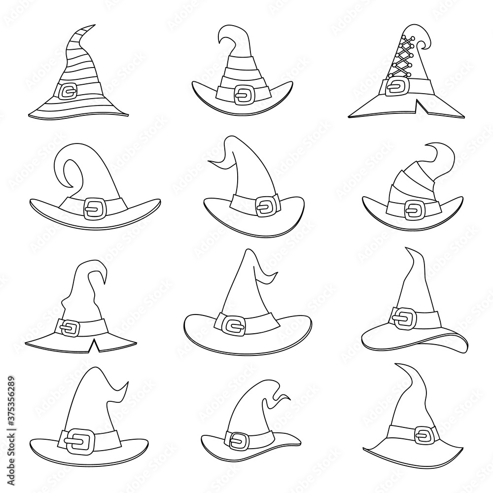 Outline witch hat decoration halloween icons isolated cartoon lineart design illustration Stock Vector | Adobe Stock