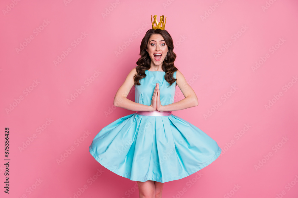 Portrait of her she nice-looking attractive lovely pretty charming lucky cheerful cheery wavy-haired girl wearing crown pleading desirable gift isolated over pink pastel color background Portrait of her she nice-looking attractive lovely pretty charming lucky cheerful cheery wavy-haired girl wearing crown pleading desirable gift isolated over pink pastel color background
