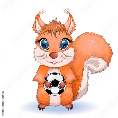 Cute cartoon squirrel with beautiful eyes holds a soccer ball
