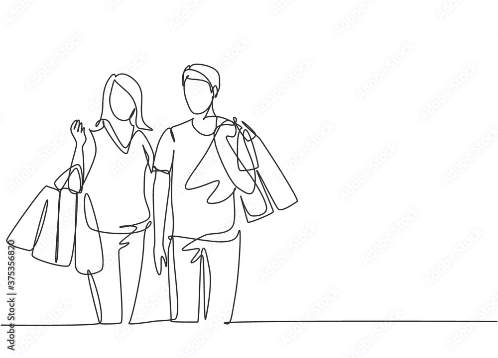 Single continuous line drawing young happy romantic couple holding paper bags while shopping together at mall. Buying fashion and cosmetic concept. One line draw vector graphic design illustration Single continuous line drawing young happy romantic couple holding paper bags while shopping together at mall. Buying fashion and cosmetic concept. One line draw vector graphic design illustration