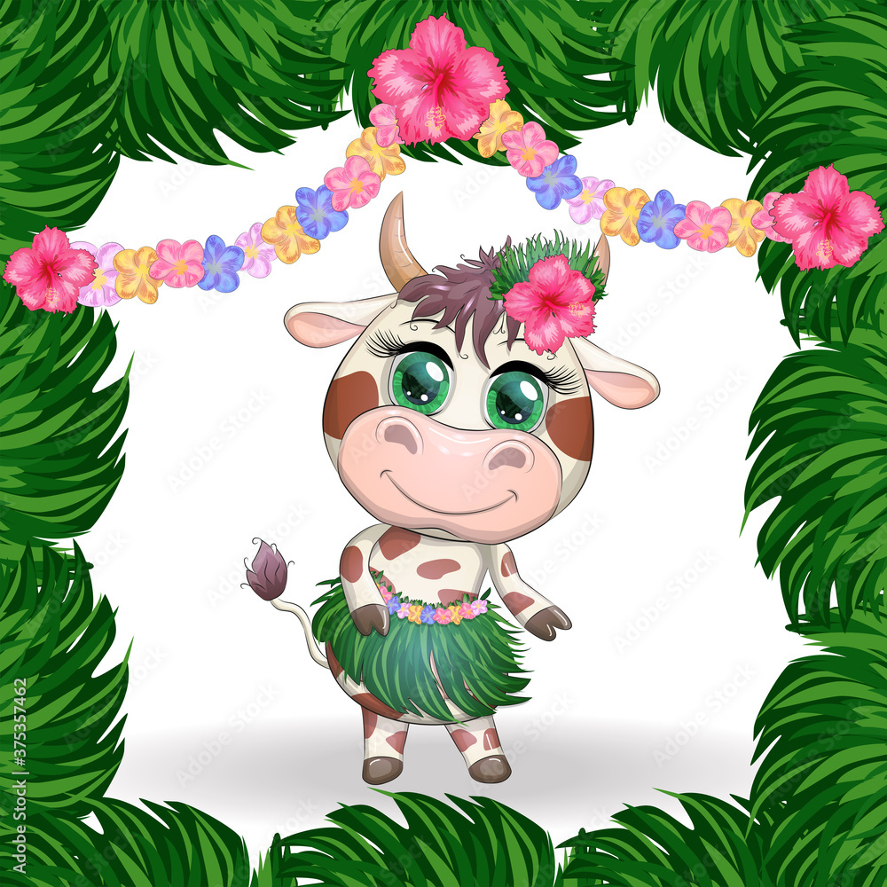 Naklejka premium Cute bull character on white background. Cheerful ox dancing. 2021 Lunar Year animal symbol.
