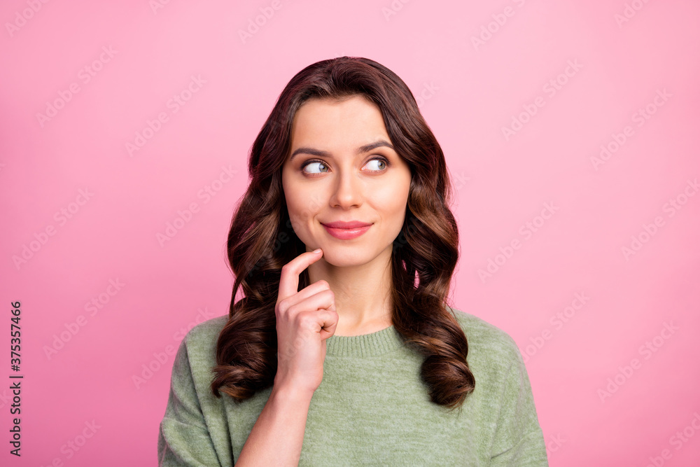 Portrait of positive pensive lovely girl look copyspace think thoughts choose choice her autumn weekend holiday touch chin hands wear jumper isolated over pastel color background Portrait of positive pensive lovely girl look copyspace think thoughts choose choice her autumn weekend holiday touch chin hands wear jumper isolated over pastel color background