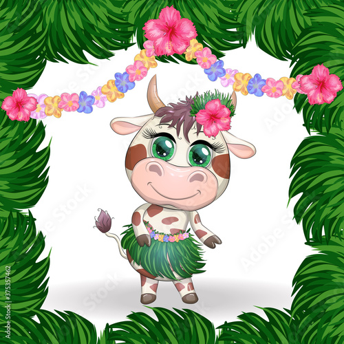 Cute bull character on white background. Cheerful ox dancing. 2021 Lunar Year animal symbol.