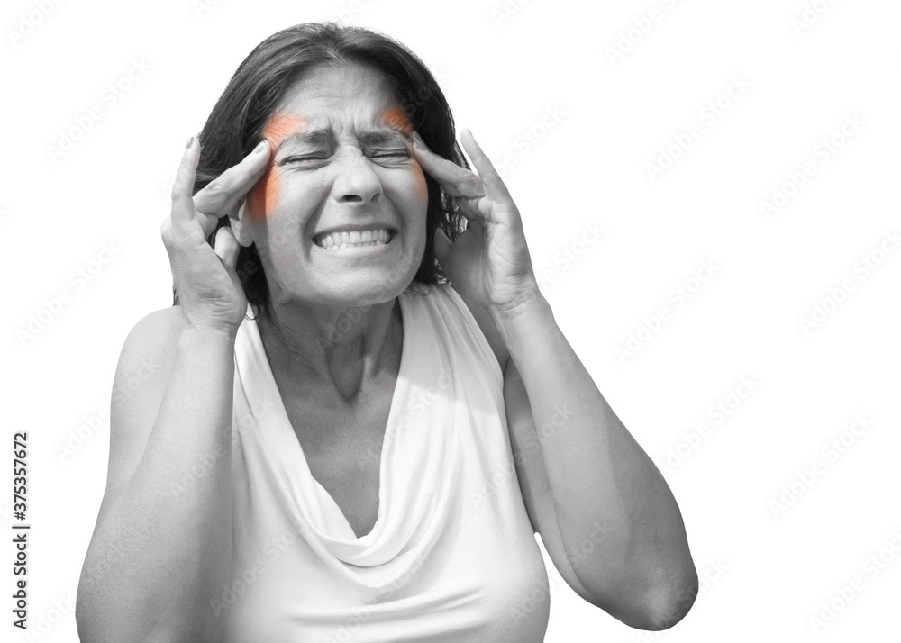 Temple pain. A middleaged woman with muscle and bone pain in different parts of the body Stock