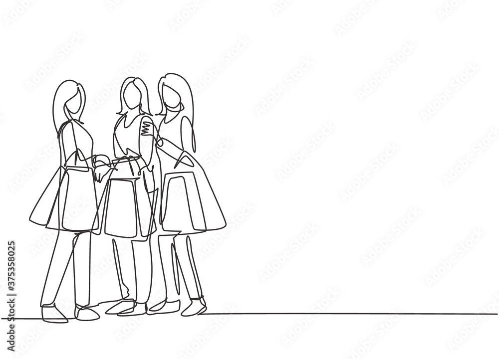 One single line drawing young group of happy women holding paper bags after shopping together at mall. Commercial retail fashion and makeup shopping concept. Continuous line draw design illustration One single line drawing young group of happy women holding paper bags after shopping together at mall. Commercial retail fashion and makeup shopping concept. Continuous line draw design illustration