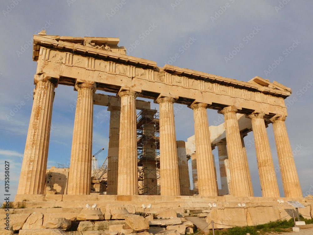Obraz premium View of the Parthenon, the ancient temple of goddess Athena, under restoration, in Athens, Greece