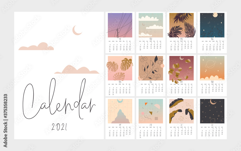 Calendar set 2021 with abstract background. Trendy vector illustrations.