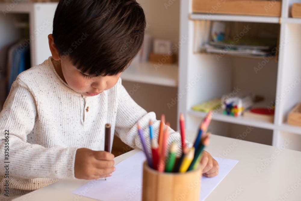 Preschooler kid drawing with coloured pencils. Homeschooling. Learning community. Montessori school. Preschooler kid drawing with coloured pencils. Homeschooling. Learning community. Montessori school.