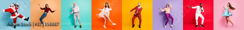 Multiple montage full body collage eight excited people different age race ladies guys good mood friendship free time rejoicing fall winter spring summer vibes disco isolated colorful background